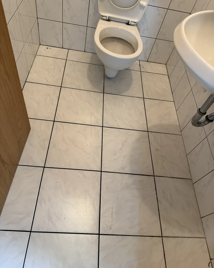 WC-Raum vor der Grundreinigung: verfärbter Boden, dunkle Fugen, Schmutz in den Ecken